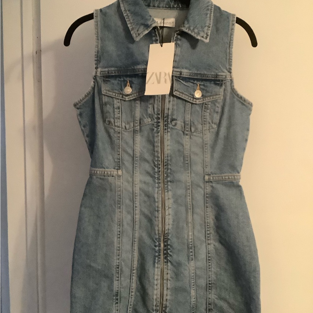 Zara Light Blue Denim Sleeveless Zip-Front Dress
